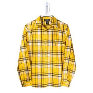 Ralph Lauren Women's Shirt Yellow Blue Plaid Check Logo Preppy Button Up Top PM